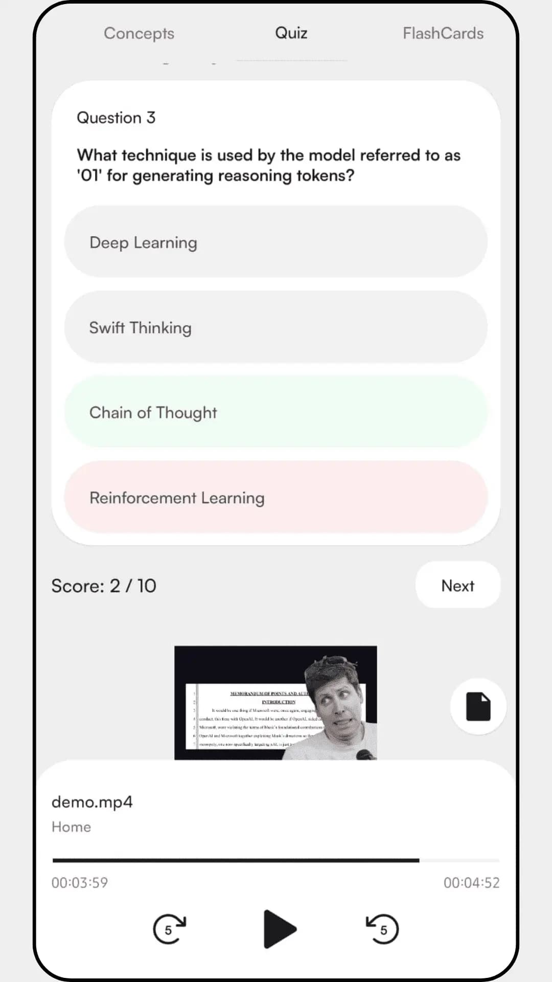 Advanced AI features for like generating quiz and flashcards from videos.