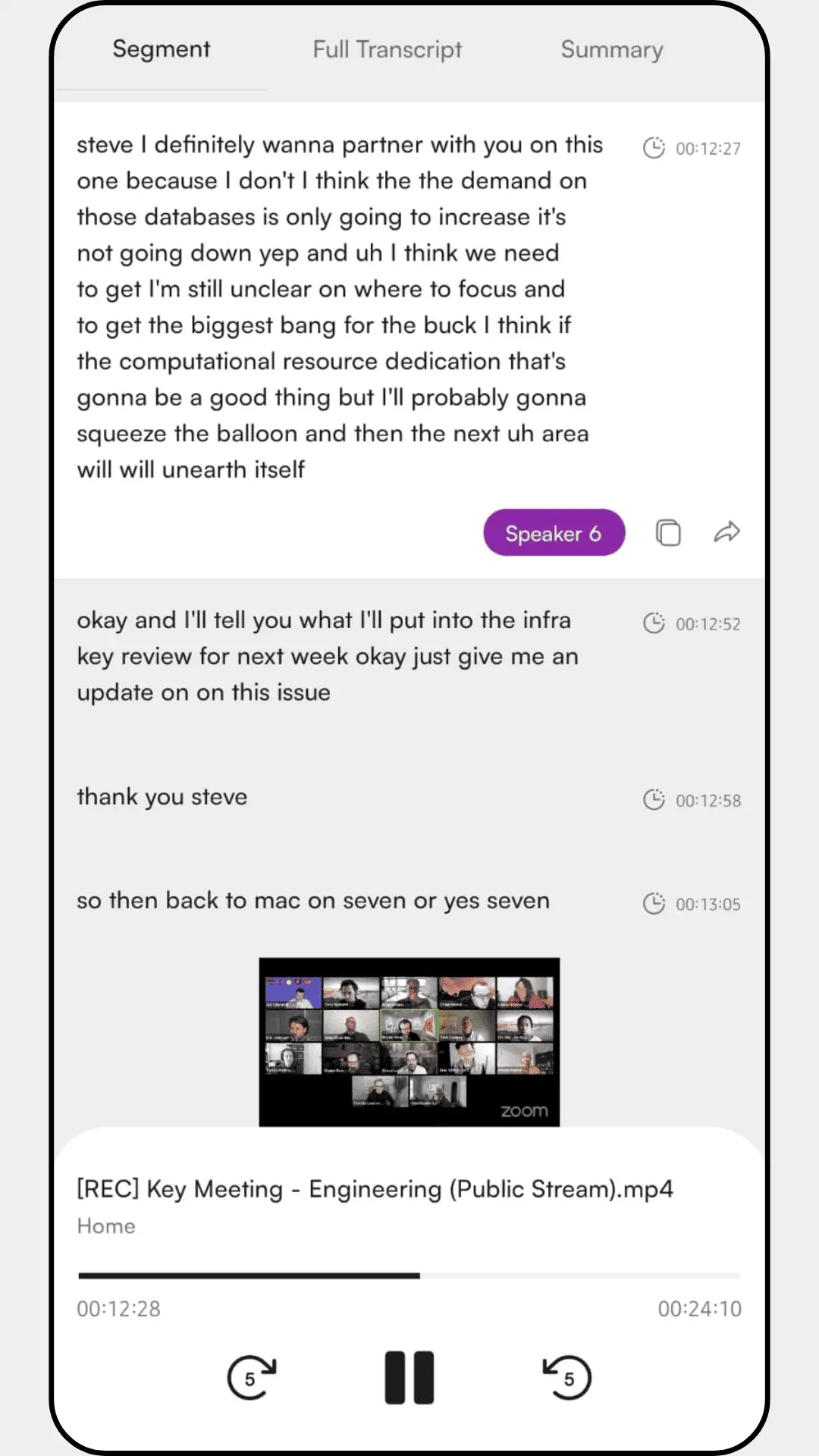AI-powered real-time transcription with playback integration.