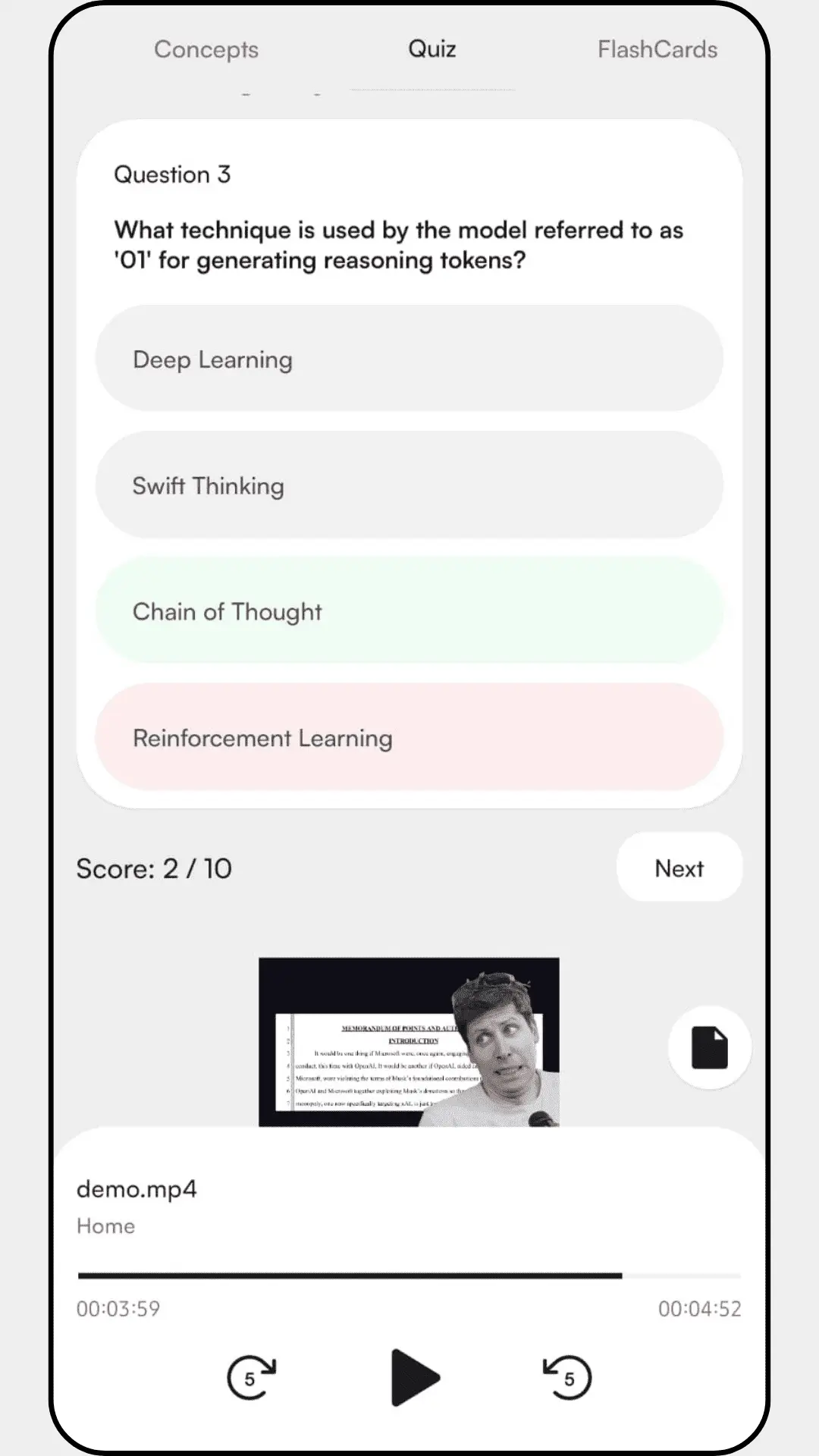 Advanced AI features for like generating quiz and flashcards from videos.